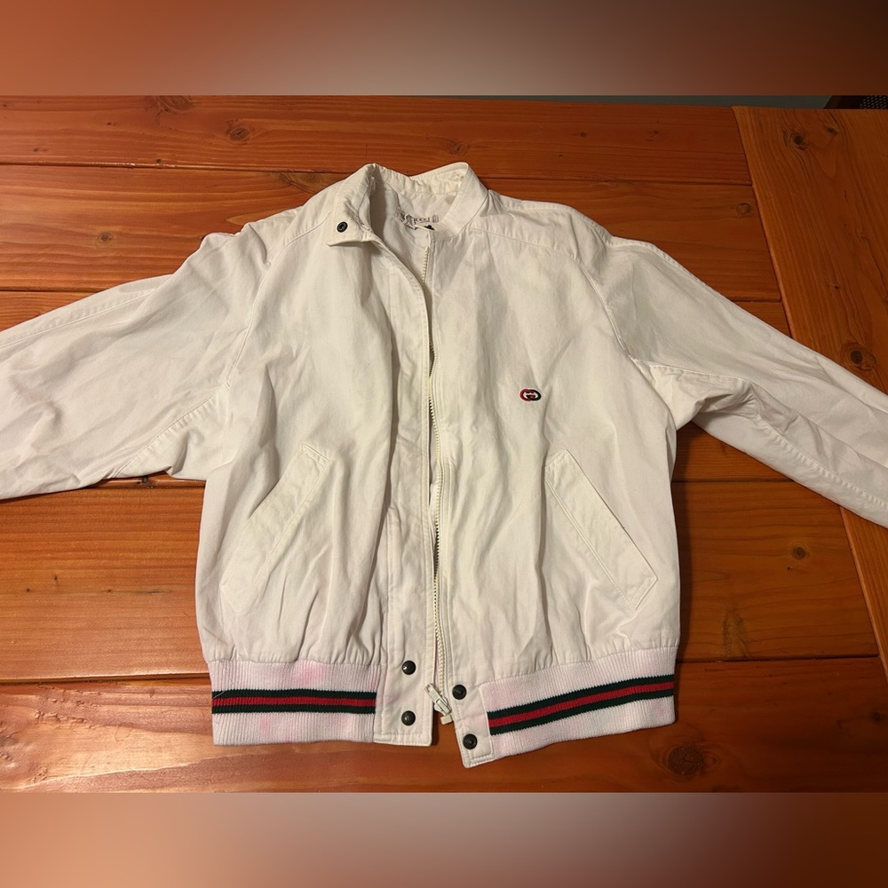 Gucci White light Bomber Zip Jacket with Blue and Red Stripes